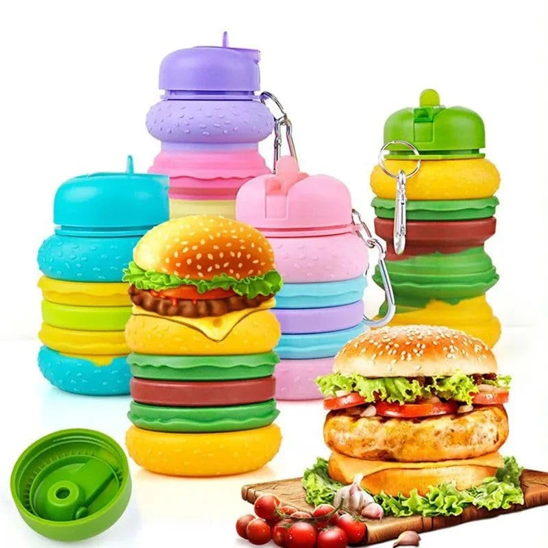 Silicone Burger Shape Water Bottle BPA-Free 600 ML Water Bottle for School, Travel ,Trekking, Picnic (Random Design) - 9057