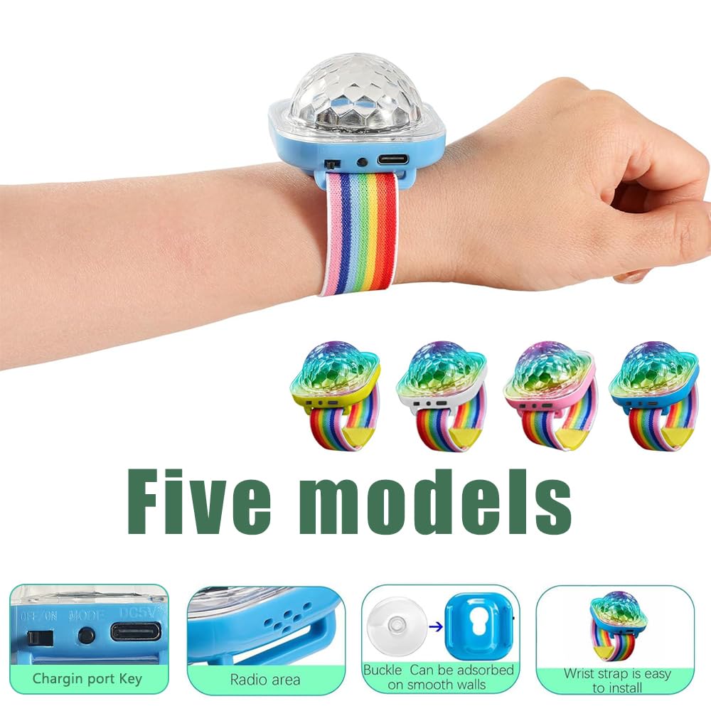 Lancoon Disco Ball Light, Wearable Mini Portable LED Lamp Night Strobe Watch Bracelet USB Charging with Suction Cup for Kid Party Car Dance DJ Club (Pink, Blue, Yellow, White) - 21280