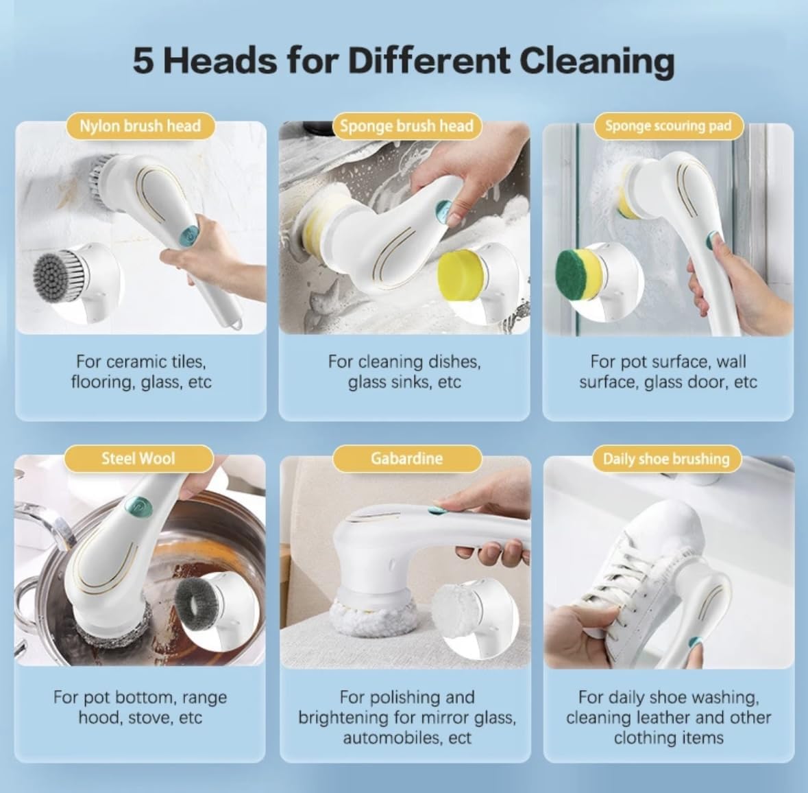 Electric 5 in 1 Spin Scrubber, Handheld Portable Electric Spin Cleaning Brush for Multi-Use Multipurpose Dish, Pots, Wall, Kitchen, Shoe, Car, Surfaces. - 20134