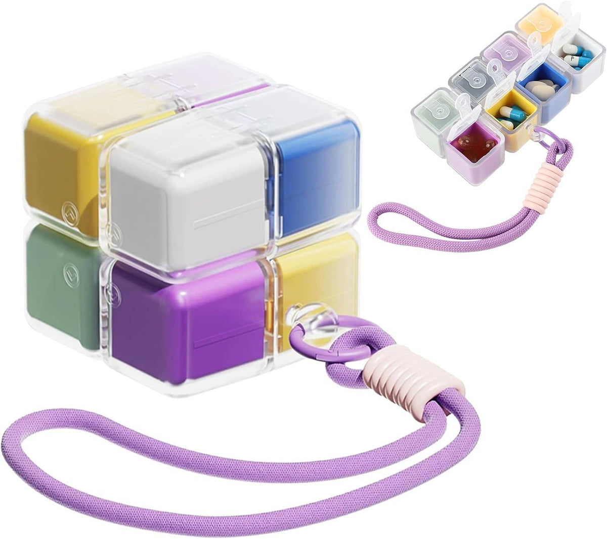 Magnetic Rubik Cube Pill Box Keychain – 8-Compartment Portable Medicine Organizer | Moisture-Proof Mini Travel Pill Holder with Secure Magnetic Lock & Key Ring for Tablets, Fish Oil & Supplements - 21132