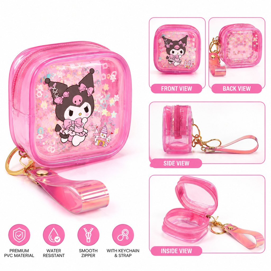 Transparent PVC Mini Coin Pouch with Keychain & Wrist Strap | Cute Cartoon Zipper Wallet | Portable Earbuds & Coin Case - 20919