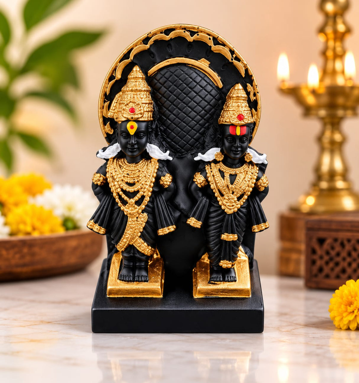 lack Resin Vitthal Rukmini Idol with Decorative Arch | Premium Finish Hindu God Statue for Home Temple, Office & Gifting | Handcrafted Showpiece {size-9.5cm} - 21134