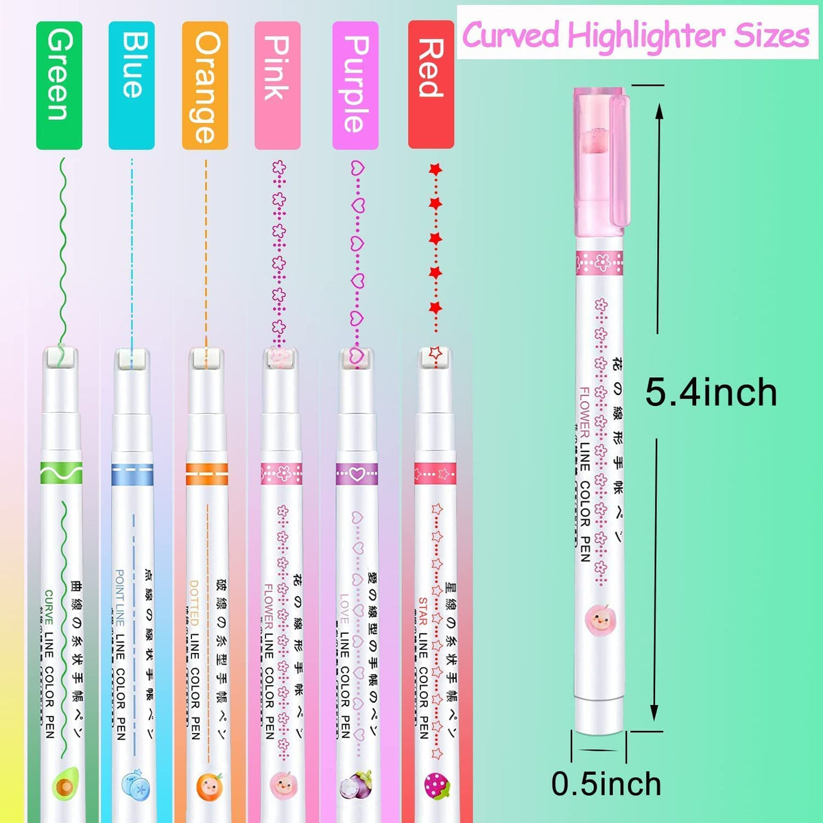 DM-7008-6  Curve Highlighter Pen Set-Dual Tip Pens with 6 Different Curve Shapes Fine Tips,Colorful Curve Highlighters Six Cute Pattern-Heart/flower/curve/dotted Line/Slash/Dot, for Writing, Drawing(6)