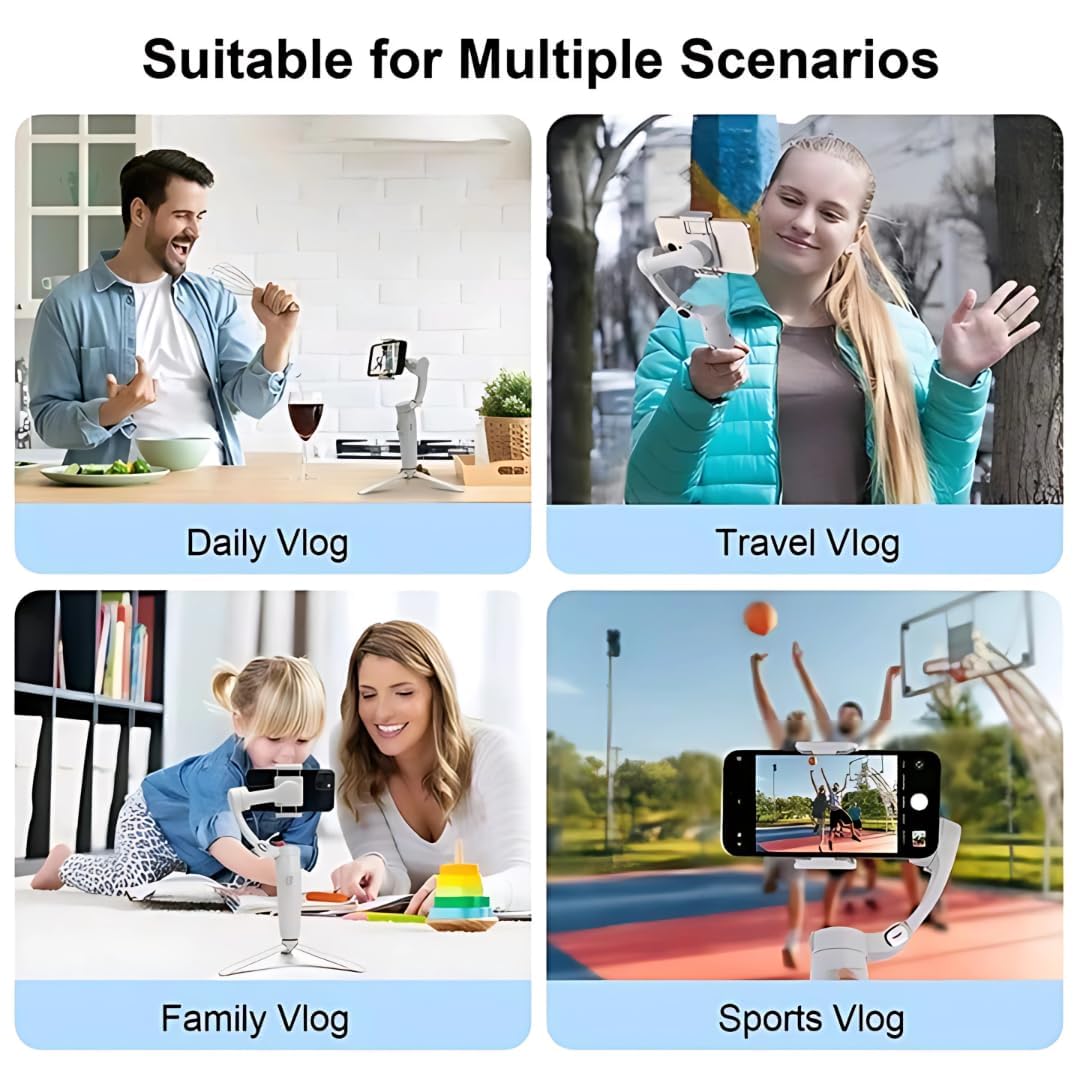 M1 3-Axis Smartphone Stabilizer Gimbal, White, Foldable Design, Portable Video Recording