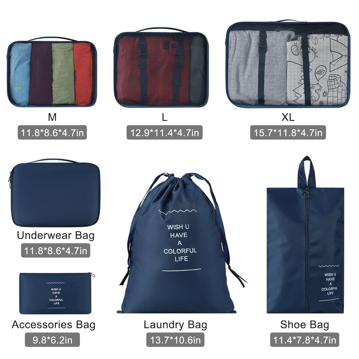 (Set of 7) Packing Cubes for Travel Carry On Luggage, Lightweight Travel Storage Bags for Clothes, Large Luggage Organizers Packing Cubes Set for Travel Bag Suitcase - 21029