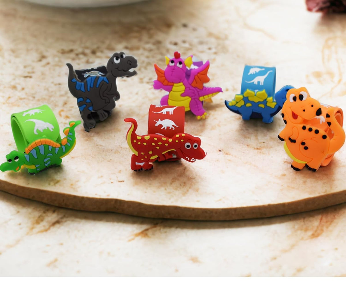{Pack of 12} Dino Theme Cartoon Slap Band Bracelets Silicone Wristbands Party Supplies Kids {Random Color} - 20600