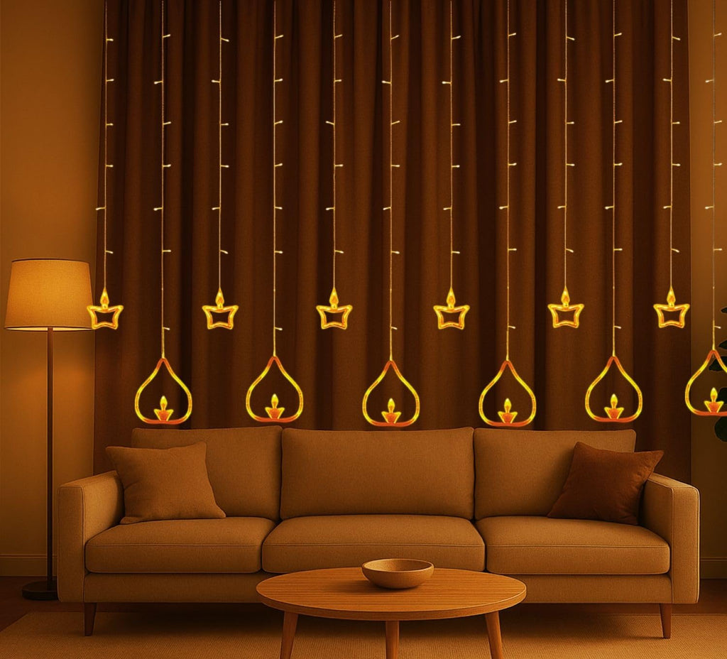 Diya Lights Diwali String Curtain Lights – Warm White Indoor & Outdoor Lights for Home, Wall, Window, Indian Wedding, Garden - 0520