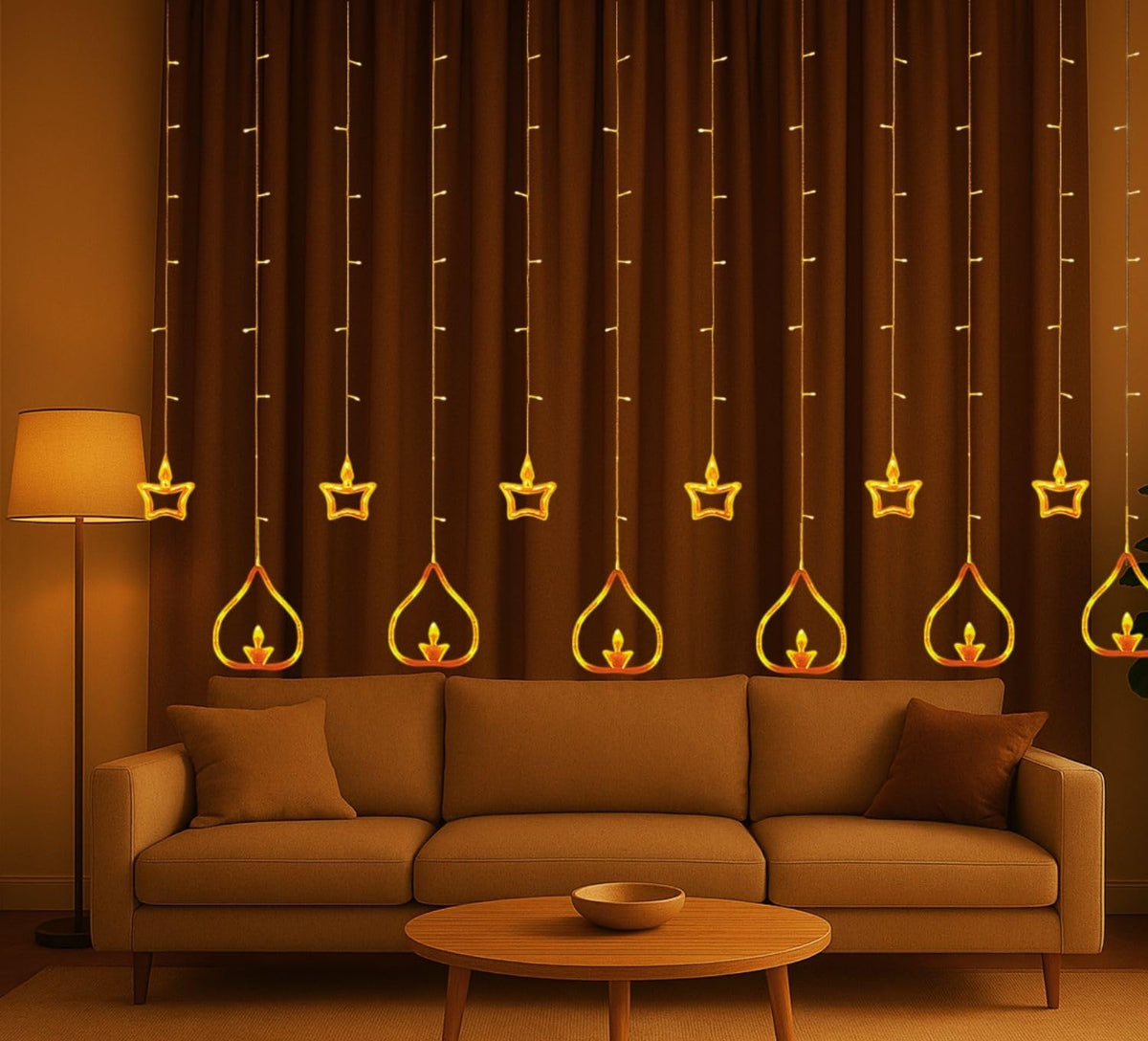 Diya Lights Diwali String Curtain Lights – Warm White Indoor & Outdoor Lights for Home, Wall, Window, Indian Wedding, Garden - 0520