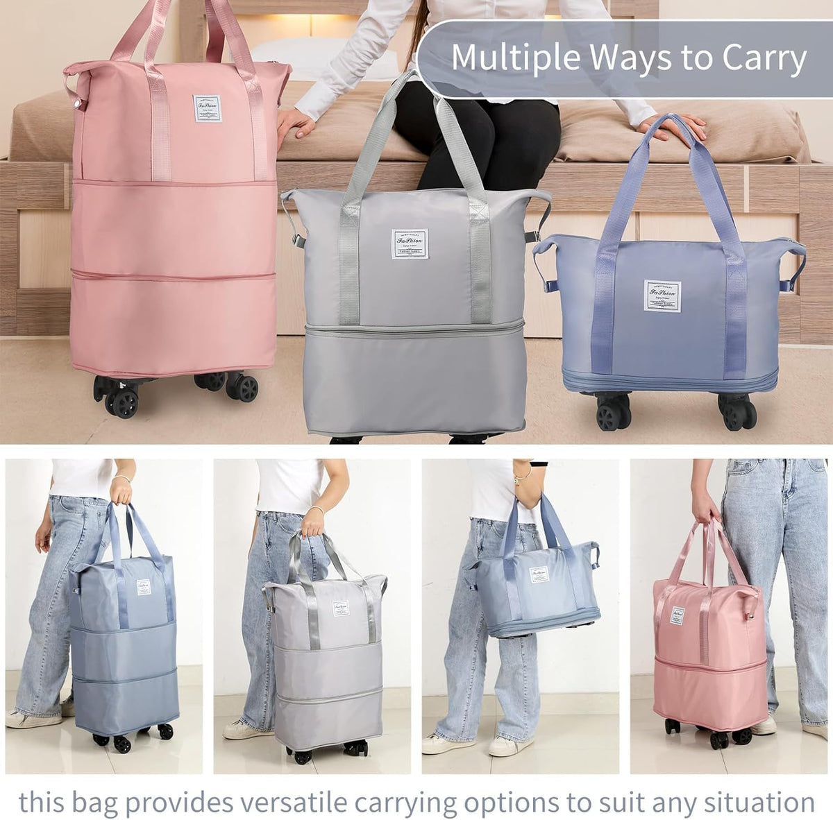 Rolling Duffle With Wheels, Expandable Foldable for Travel, Luggage Carry on With Handle, Large Weekend Bag (Multicolor) - 20311