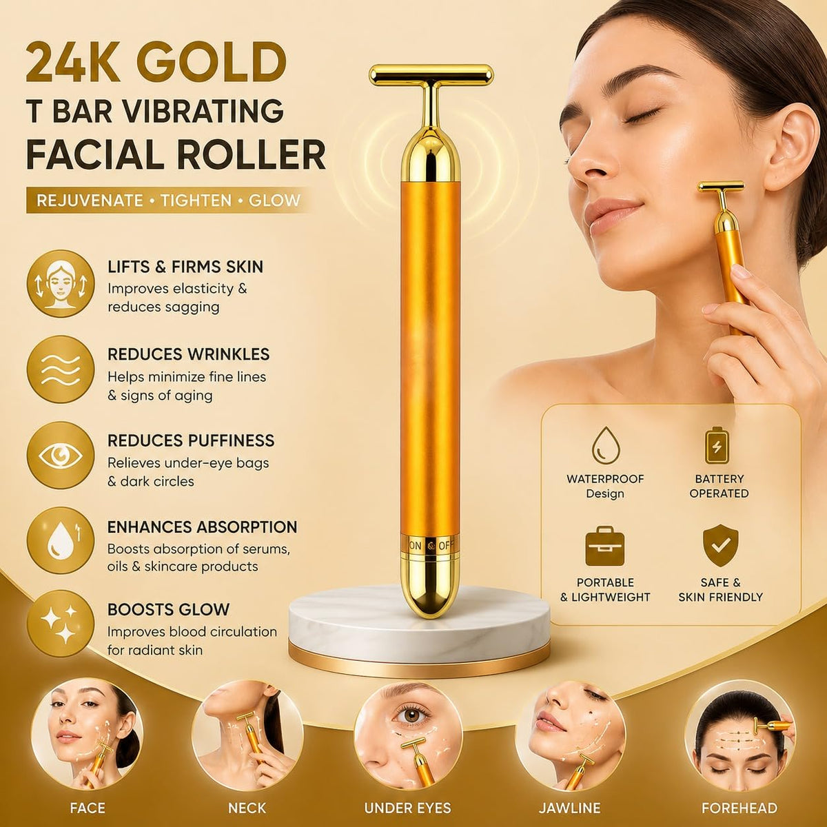 24K Gold Energy Beauty Bar Electric Facial Massager Vibration Face Roller Skin Tightening Anti Aging Tool, Wrinkle Remover for Face Neck Jawline - 20623