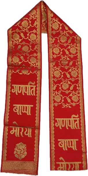{Pack of 12} Ganpati Bappa Maurya Velvet Stole/Patka/Duppata/Phatka/Scarf/Chunni/Khesh Golden Floral Printed Red Stole - 21123