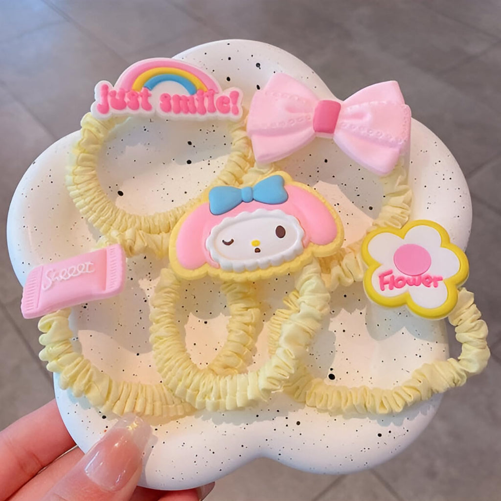 Pack of 5 Hair Tie Rope Set for Girls, Cute Strawberry Bear and Star Dai Bowel Rubber Band Style Hair Accessories (Multicolor) - 20164