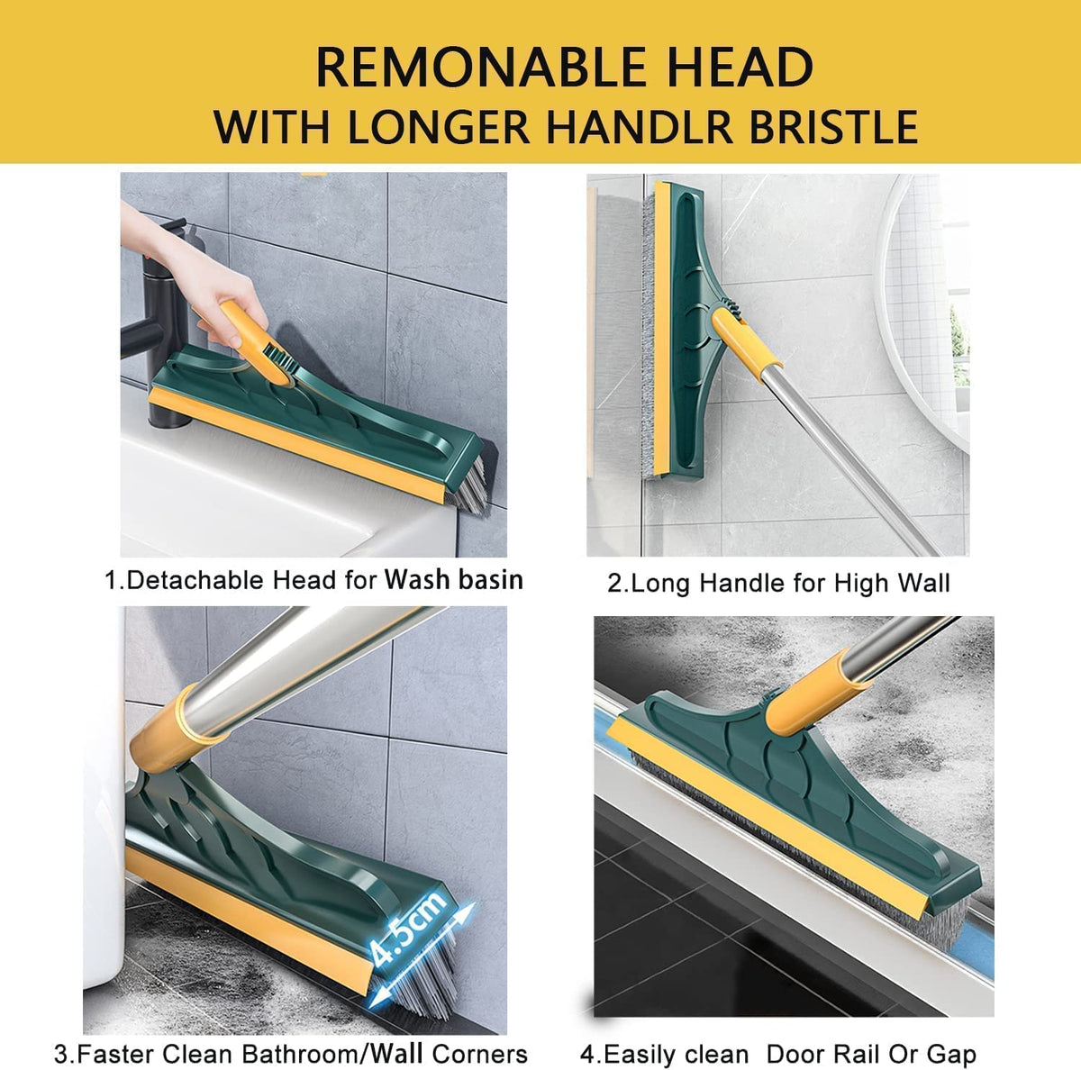 Bathroom Cleaning Brush with Wiper 2 in 1 Tiles Cleaning Brush Floor Scrub Bathroom Brush with Long Handle 120° Rotate Bathroom Floor Cleaning Brush with Wiper - 20378