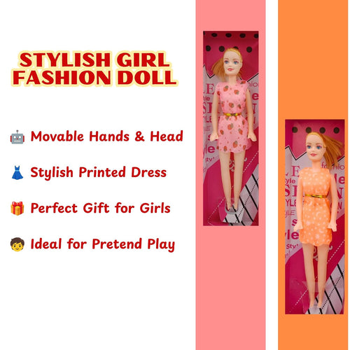 (Pack of 1) Stylish Girl Fashion Doll Toy – Movable Hands & Head, Printed Dress – Gift Toy for Girls(random colour) - 20959