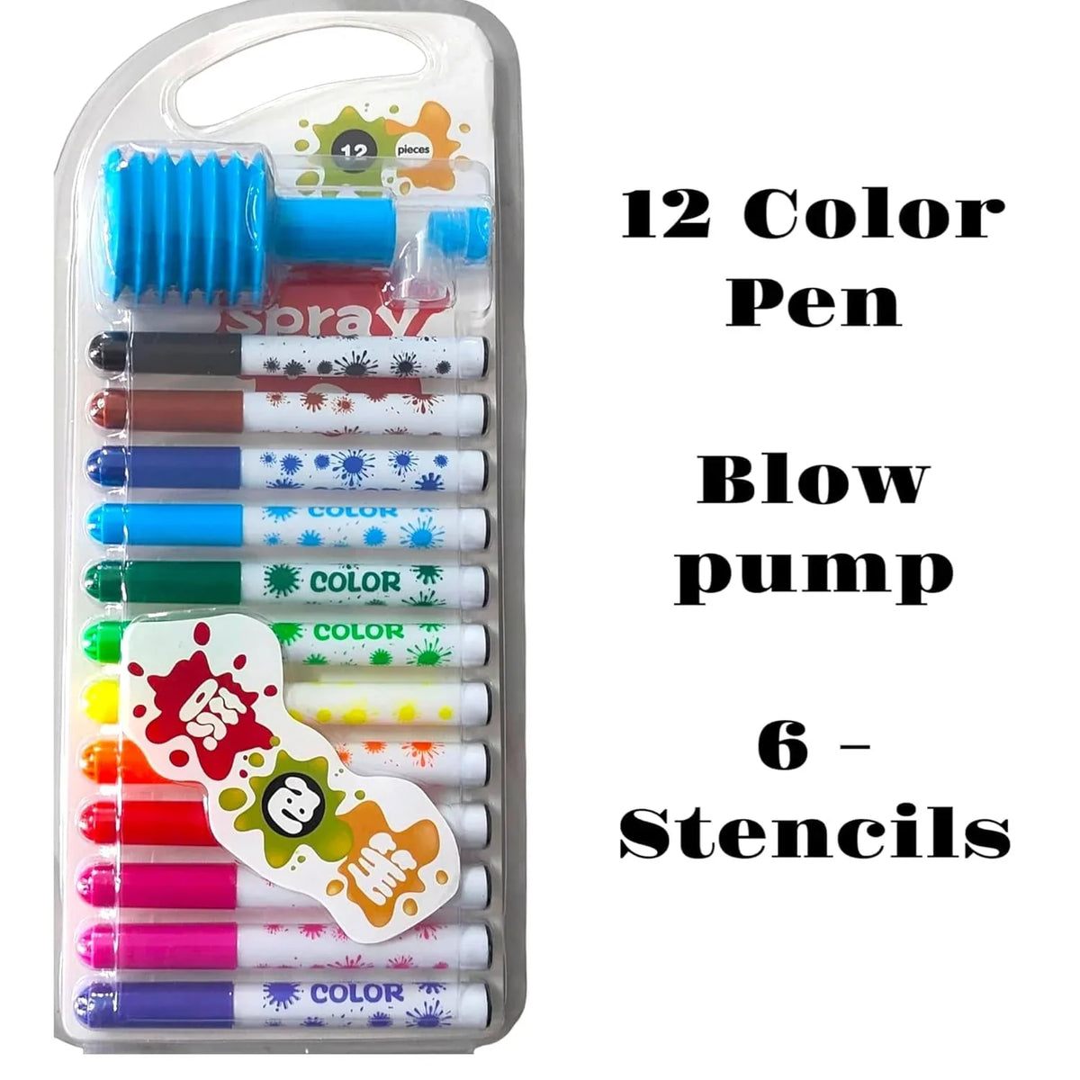 {12 Pieces} Colorful Pen Set with Spray Cum Sketch Pen with Stencils Drawing Set for Children Watercolor Safe Non-toxic Washing Graffiti DIY Multicolored- Birthday Return Gifts for Kids - 728
