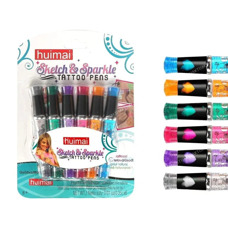 Sketch and Sparkle Tattoo Pens Activity toy Set with Stencils for kids and all (PACK OF 6 MULTICOLOUR) - 10318