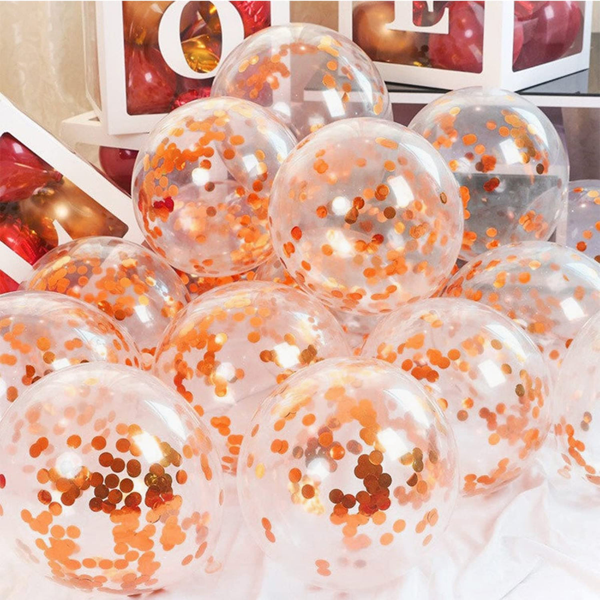 {1Pack 5 Pcs} Transparent Balloons Bouquet Combo with Re Filled Rosegold Confetti & Ribbons for Anniversary, Birthday, Baby Shower, Valentine Day Party Decoration Balloon Bunch - 20759