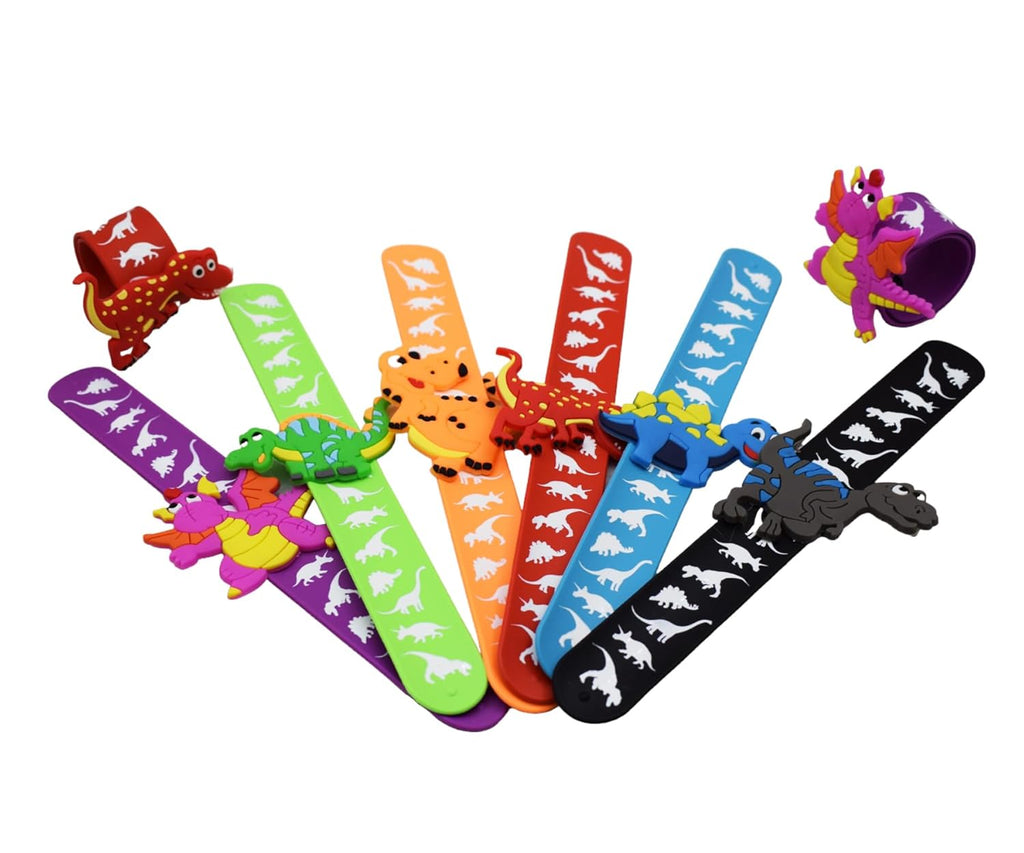 {Pack of 12} Dino Theme Cartoon Slap Band Bracelets Silicone Wristbands Party Supplies Kids {Random Color} - 20600