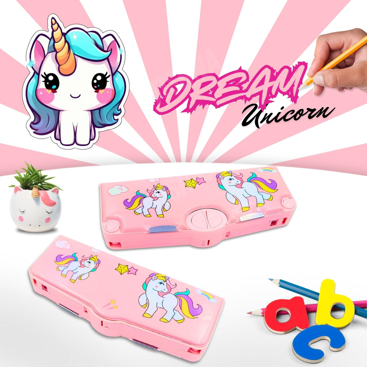 Multifunction Pencil Case, Pencil Box with 2 Compartments for Students - Cartoon Pattern Stationery Set {Random Color} - 50923