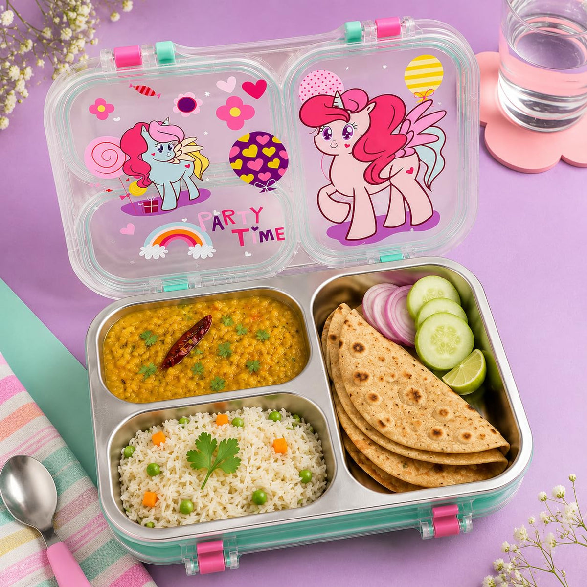 {750 ML} Stainless Steel Lunch Box for School, 3 Compartment Leak Proof Bento Tiffin Box with Handle {Random Design} - 2679