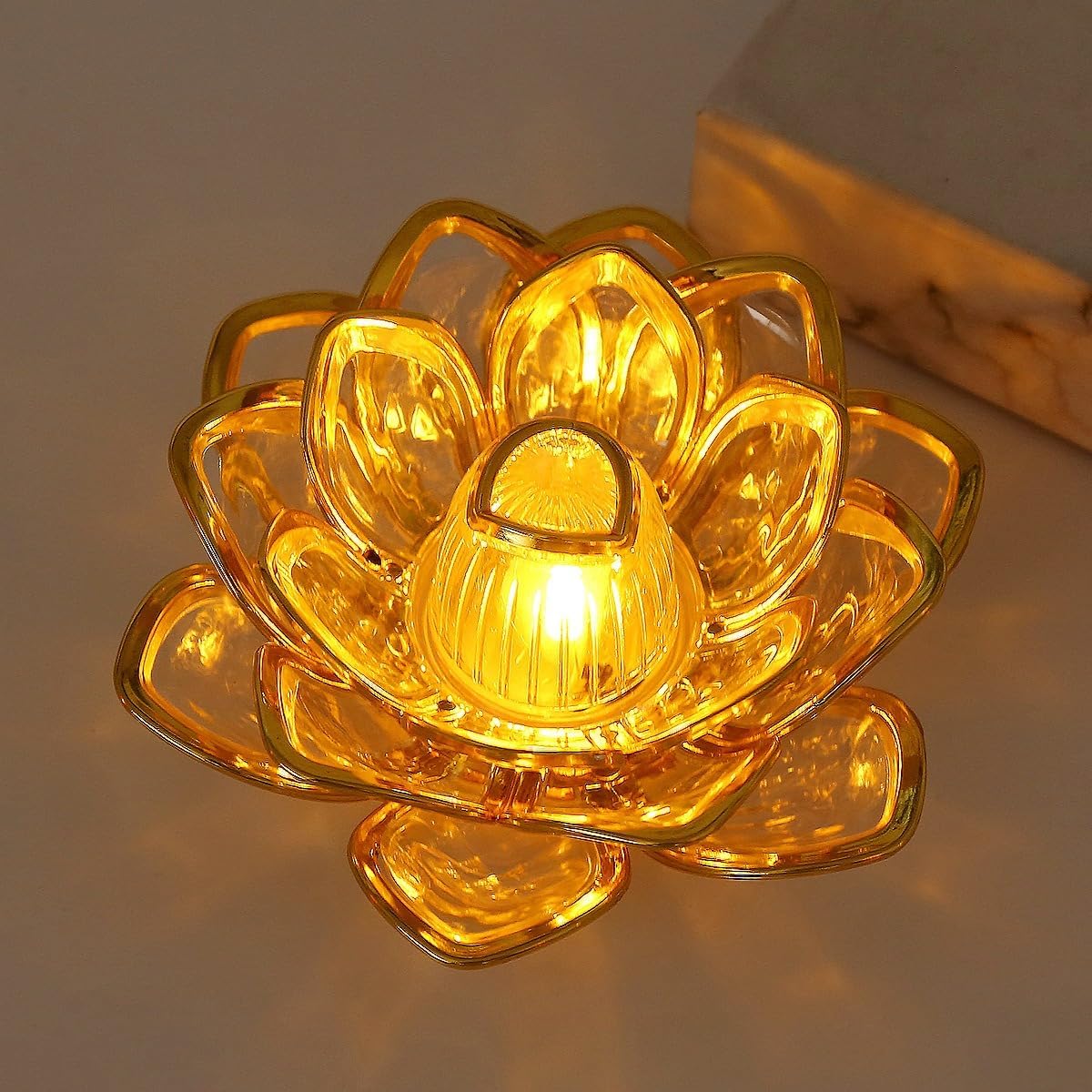 Lotus LED Tea Light Candles | Battery-Operated | Flameless & Smokeless | Multicolor Acrylic Design | Home Décor,Wedding, Festival {Golden} - 10300