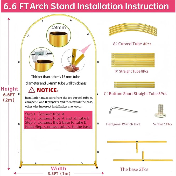 Metal Arch Backdrop Stand Gold Wedding Balloon Frame Pergola Arbor 4ft. - 21081