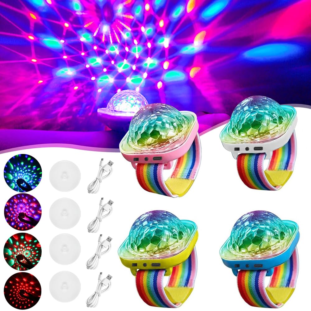 Lancoon Disco Ball Light, Wearable Mini Portable LED Lamp Night Strobe Watch Bracelet USB Charging with Suction Cup for Kid Party Car Dance DJ Club (Pink, Blue, Yellow, White) - 21280