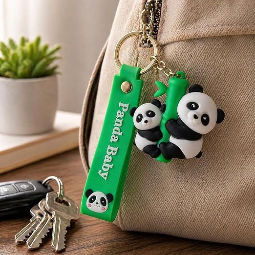 Soft PVC Panda Baby Keychain with Silicone Strap | Cute Panda & Bamboo Key Ring for Men, Women, Boys & Girls | Cartoon Bag Charm for Car Keys, Backpack & Gifts - 21330