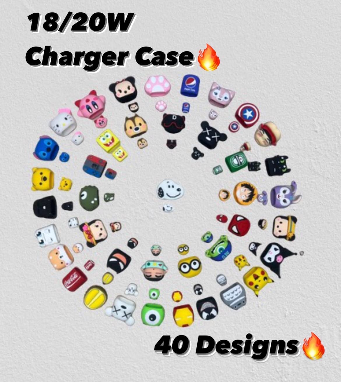 Cute Cartoon  Data Cable Case for 18-20W iPhone USB-C Power Adapter Charger, Cartoon 3D Design Protective Case {Random Design} - 20678