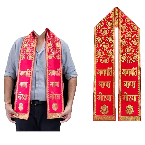{Pack of 12} Ganpati Bappa Maurya Velvet Stole/Patka/Duppata/Phatka/Scarf/Chunni/Khesh Golden Floral Printed Red Stole - 21123