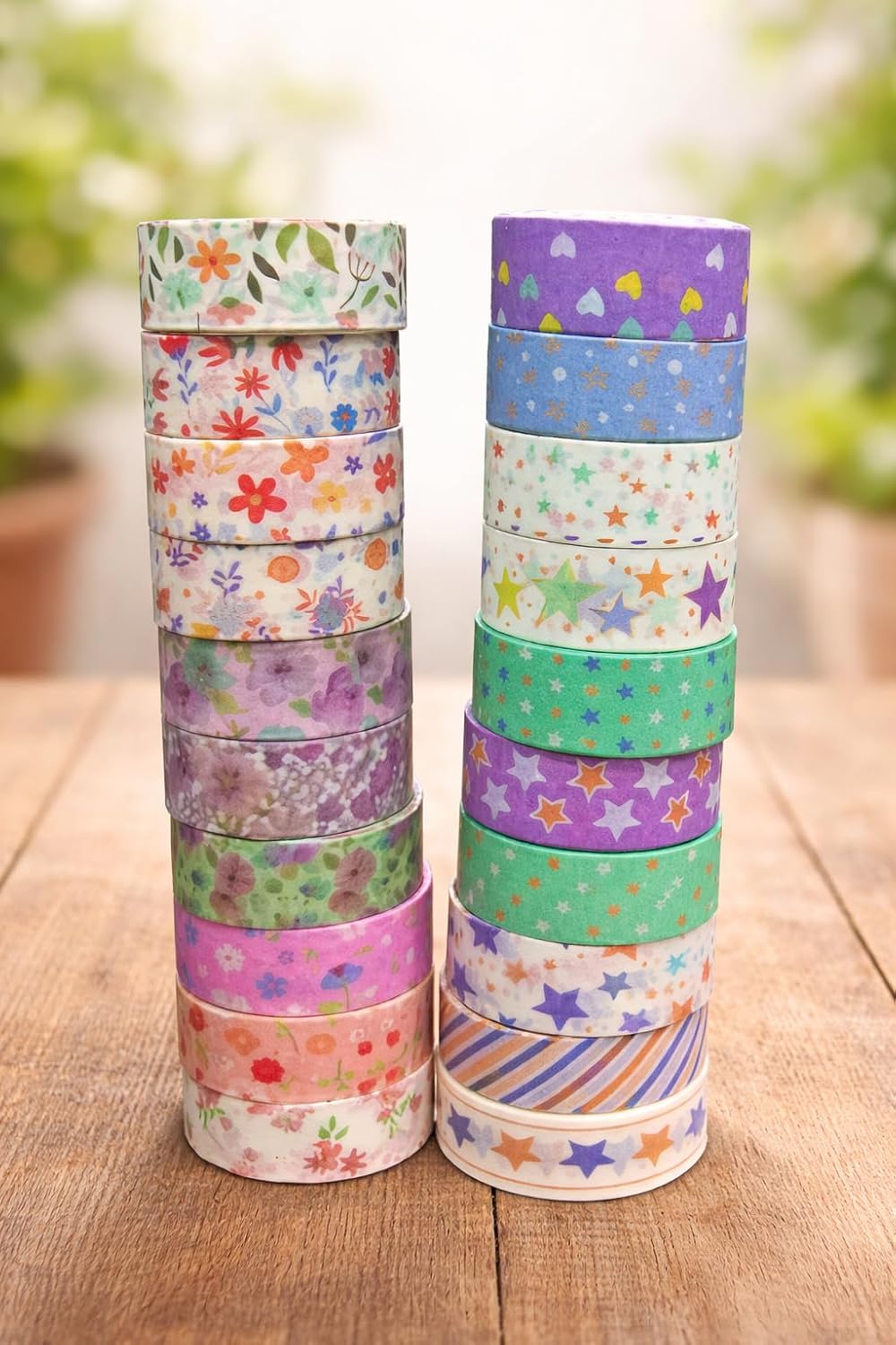 Washi Tape Combo Set (10 Rolls) | Cute Aesthetic Decorative Masking Tape for Journaling, Scrapbooking & DIY Crafts | Floral + Star Designs | 15mm x 2m Each - 20742