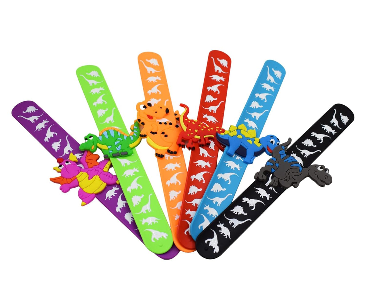 {Pack of 12} Dino Theme Cartoon Slap Band Bracelets Silicone Wristbands Party Supplies Kids {Random Color} - 20600