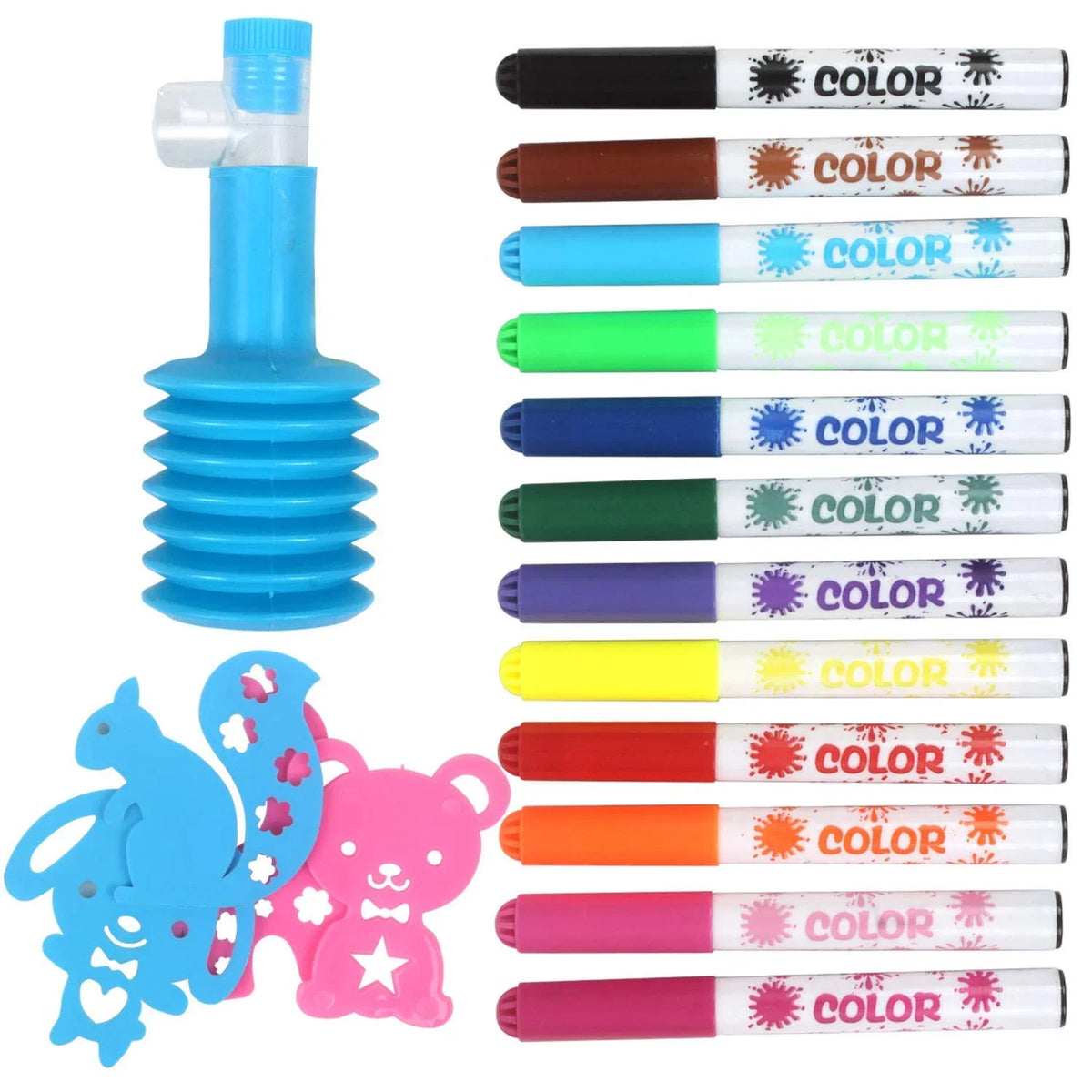 {12 Pieces} Colorful Pen Set with Spray Cum Sketch Pen with Stencils Drawing Set for Children Watercolor Safe Non-toxic Washing Graffiti DIY Multicolored- Birthday Return Gifts for Kids - 728