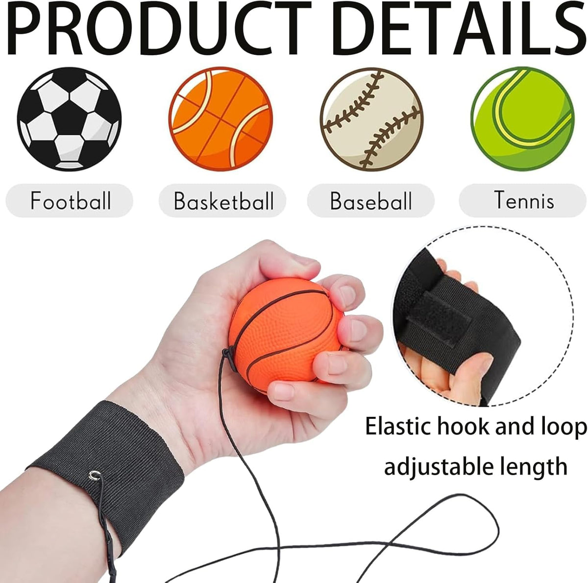 Wrist Ball Set, Return Ball, 2.4-Inch PU Rebound Balls Sports Wrist with Wristband & String for Teens Adults {Random Color} - 10540