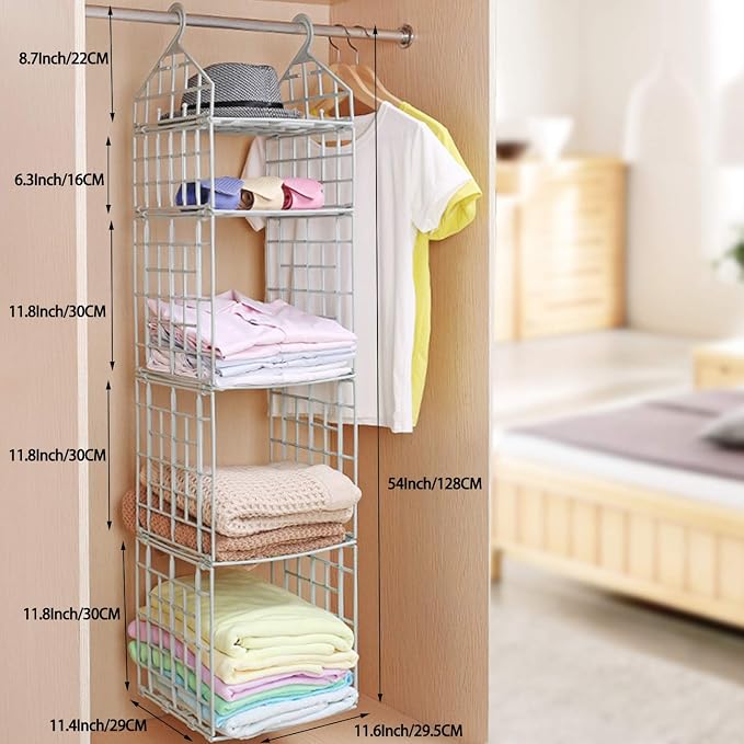 5 Layer Folding Plastic Clothes Storage Rack | Hanging Wardrobe Organizer for Closet | Space Saving Shelves for Clothes, Dormitory & Home Use (White) - 21068