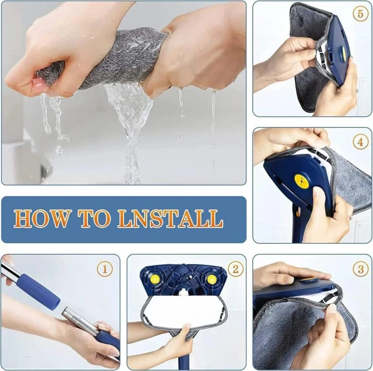 Premium 360° Rotatable Adjustable Triangle Cleaning Mop with Stainless Steel Long Handle Push-Pull Squeezing Cleaning Mop Dry & Wet Mop Floor Windows Ceiling - 11133