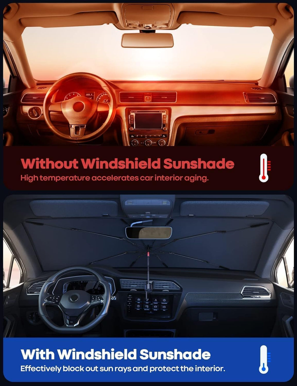 Car Sun Shade Protector Front Glass || Foldable Umbrella for Car Front Window for Protect Vehical from Sun Rays & Heat Damage Keep Cool- Black Color - 20520