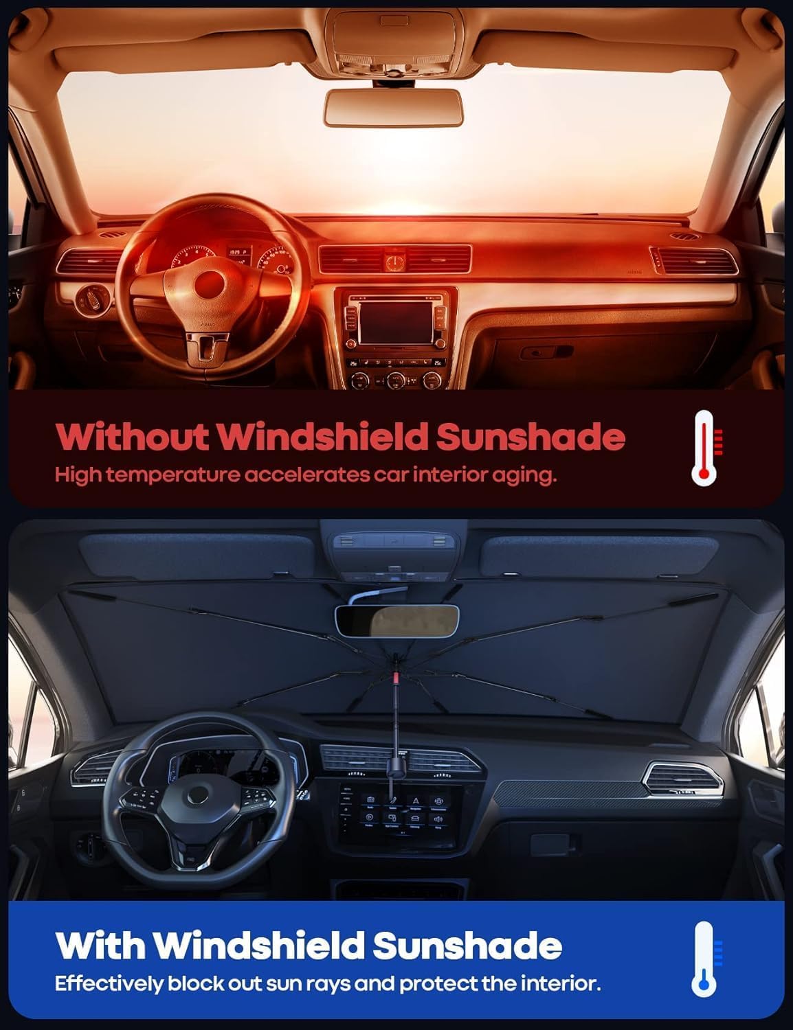 Car Sun Shade Protector Front Glass || Foldable Umbrella for Car Front Window for Protect Vehical from Sun Rays & Heat Damage Keep Cool- Black Color - 20520