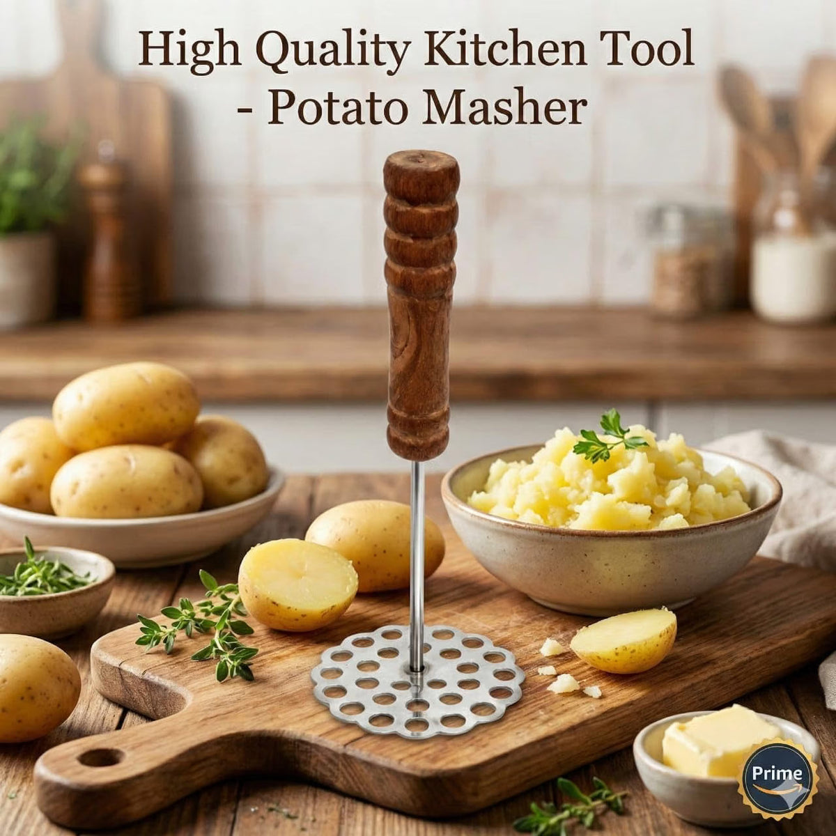Stainless Steel Press Floral Flower Shape Potato Masher | Wooden Handle Potato Masher, Stainless Steel, Kitchen Tool, Manual Masher - 21247