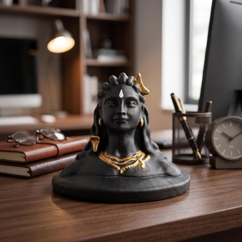 Premium Matte Black Adiyogi Lord Shiva Idol with Gold Accents | Miniature Mahadev Murti for Car Dashboard, Office Desk & Home Decor - 21131