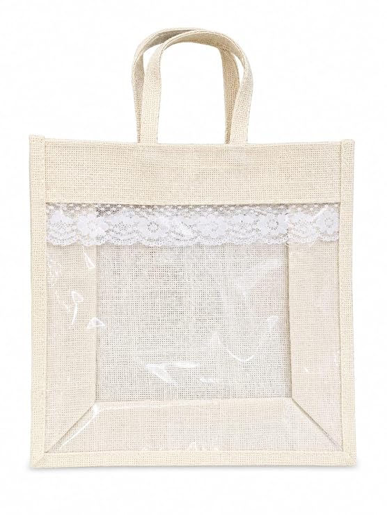 Natural Jute Tote Bag with Transparent PVC Window, Gift Hamper Packaging for Cosmetics, Dry Fruits and Wedding Favours - 21363