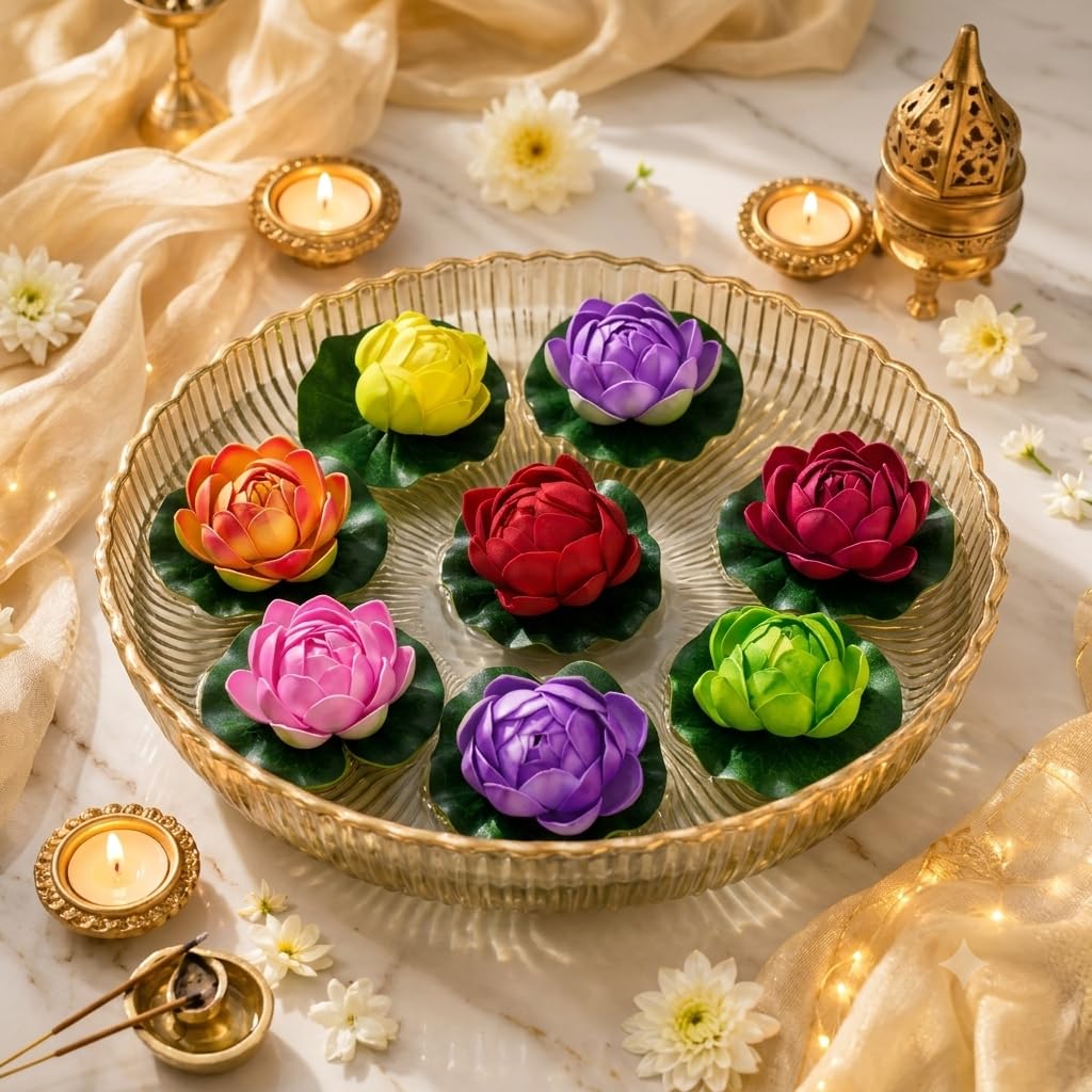 12 Pcs Artificial Floating Lotus Flowers for Wedding Or Party Decoration Bowl, Floating Water Bowl Plants, Flora Living Room Diwali Festival, Pool, Home, Garden & Temple Decor - 21355