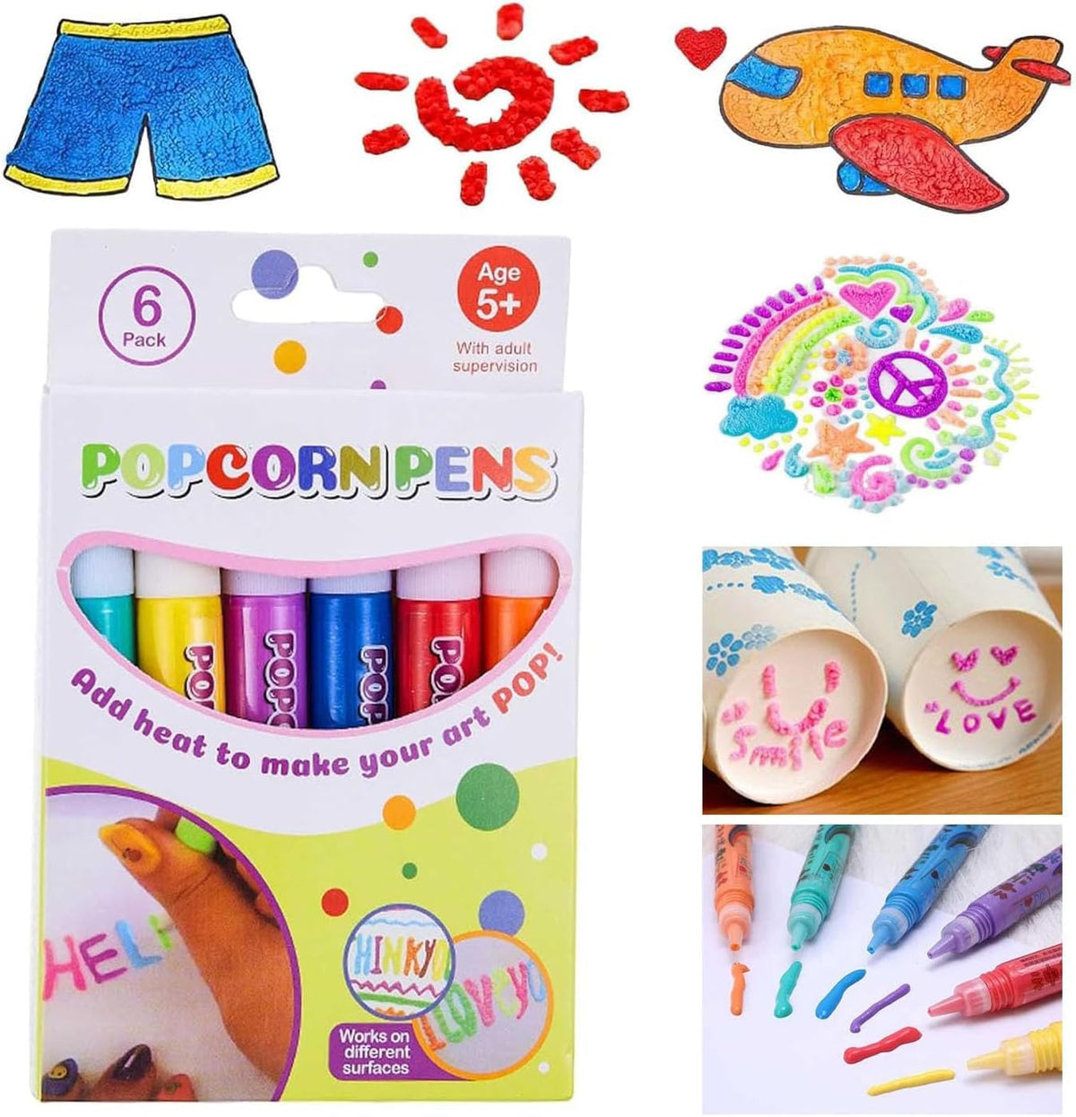 {6 Pcs} Crackles Popcorn Drawing Pen Magic Puffy 3D DIY Colorful Art Safe kids Marker for Birthday Gift Colour Pen Set Of 6 Pop up Effect pens for Kids - 20604