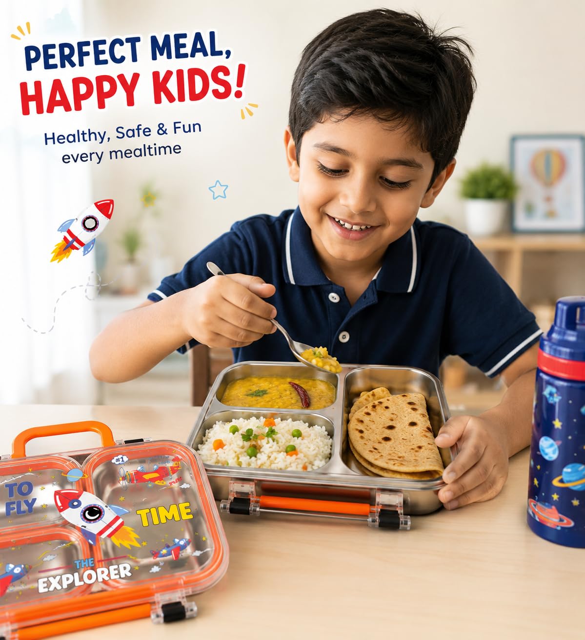 {750 ML} Stainless Steel Lunch Box for School, 3 Compartment Leak Proof Bento Tiffin Box with Handle {Random Design} - 2679