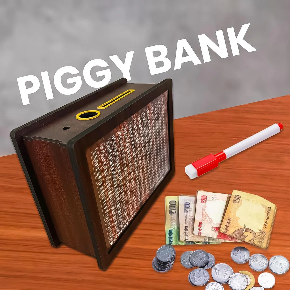 Money Box with Carved Design, Wooden Piggy Bank, Kids Coin Box, 100000 Money Saver, Wooden Coin Bank - 20135