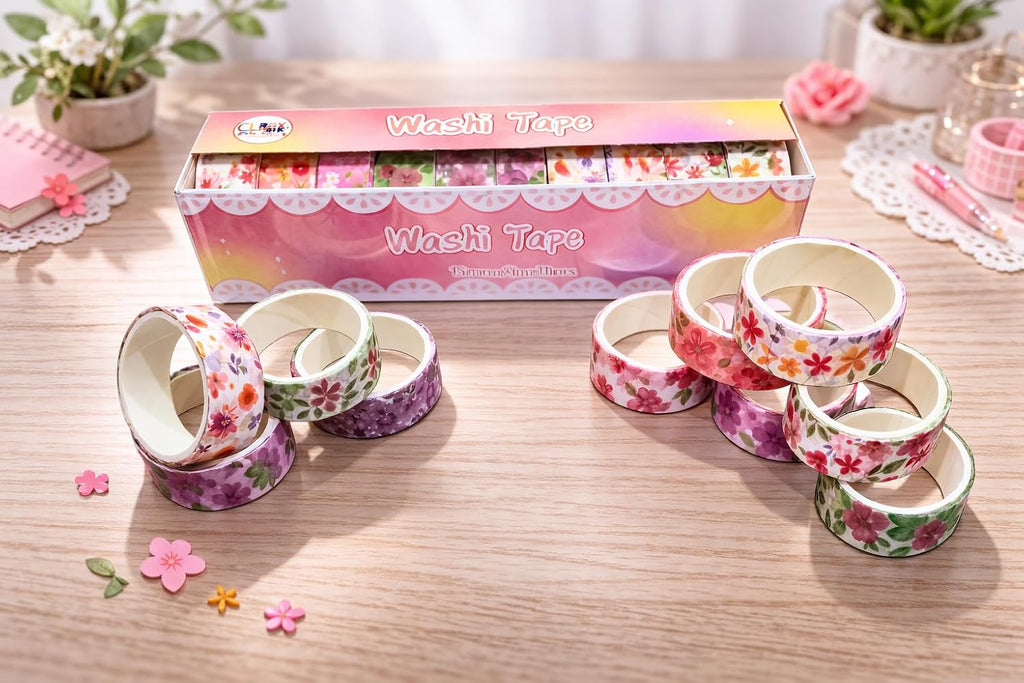 Washi Tape Combo Set (10 Rolls) | Cute Aesthetic Decorative Masking Tape for Journaling, Scrapbooking & DIY Crafts | Floral + Star Designs | 15mm x 2m Each - 20742