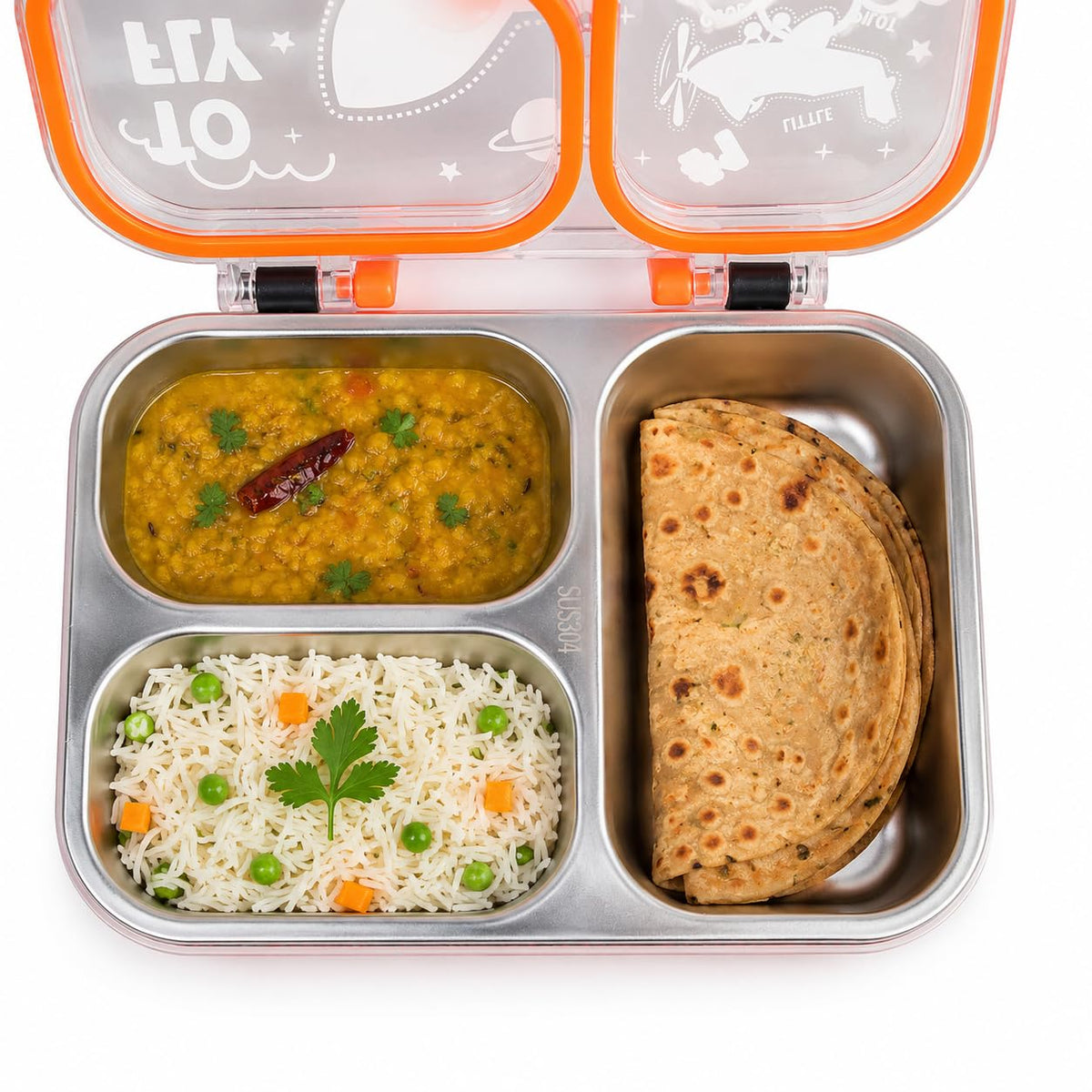 {750 ML} Stainless Steel Lunch Box for School, 3 Compartment Leak Proof Bento Tiffin Box with Handle {Random Design} - 2679