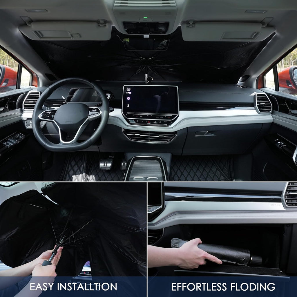 Car Sun Shade Protector Front Glass || Foldable Umbrella for Car Front Window for Protect Vehical from Sun Rays & Heat Damage Keep Cool- Black Color - 20520