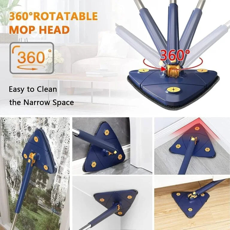 Premium 360° Rotatable Adjustable Triangle Cleaning Mop with Stainless Steel Long Handle Push-Pull Squeezing Cleaning Mop Dry & Wet Mop Floor Windows Ceiling - 11133
