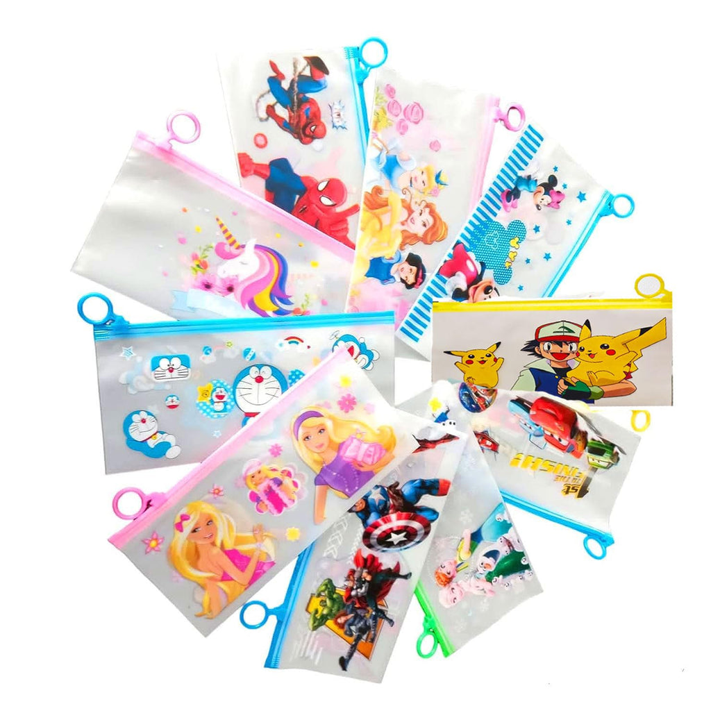 {12 Pcs} Bundle Cartoon Stationery Zip Pouch for Pen Pencil and Multi Utility Best for Return Gifts {Random Design} - 200566